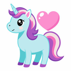 A cute unicorn with a purple mane and tail next to two pink hearts