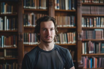 Portrait of a blissful man in his 30s sporting a breathable mesh jersey over classic library interior