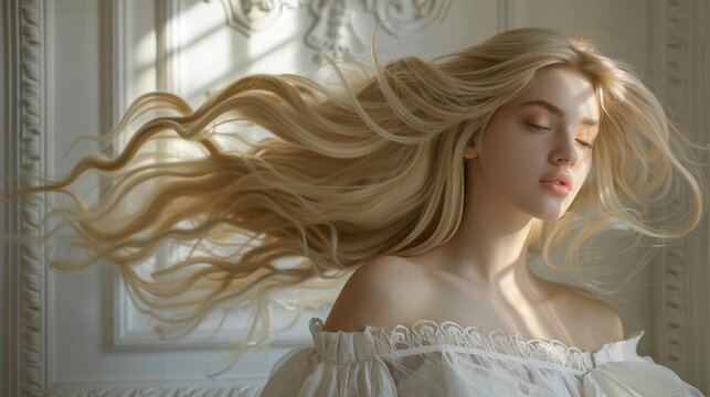 fine art dream beauty girl. Blonde young woman. long flowing hair. fashion model posing in vintage room, white window.