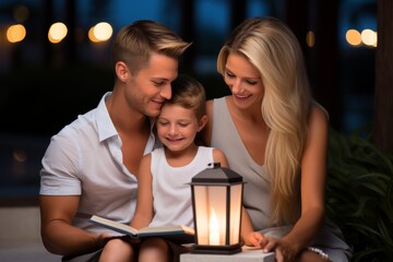 Family reading time  parents and child enjoy books together in cozy setting with lamp light