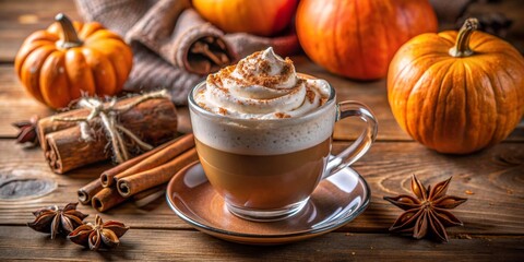 Pumpkin spice latte in a glass cup, topped with whipped cream, surrounded by pumpkins, cinnamon sticks, and star anise on a rustic wooden table.