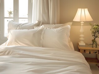 A pristine white bed with fluffy pillows, a bedside lamp, and a window with natural light streaming in.  Perfect for a peaceful and restful atmosphere.