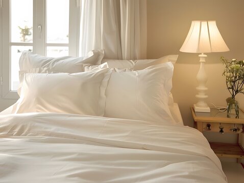 A pristine white bed with fluffy pillows, a bedside lamp, and a window with natural light streaming in.  Perfect for a peaceful and restful atmosphere.