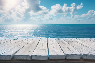 Fototapeta premium White wood table top with a blurred blue sky and sea bokeh background, ideal for organic product display in summer holiday ads., Generative AI