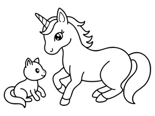 A black and white drawing featuring a unicorn and a cat in a playful scene