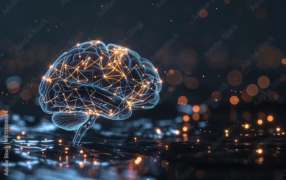 Poster a brain made of wires and lights is floating on a dark surface. the brain is surrounded by a blurry 
