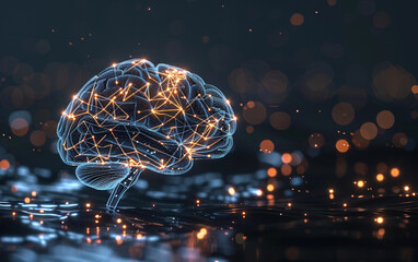 A brain made of wires and lights is floating on a dark surface. The brain is surrounded by a blurry background of lights, giving the impression of a futuristic, otherworldly environment