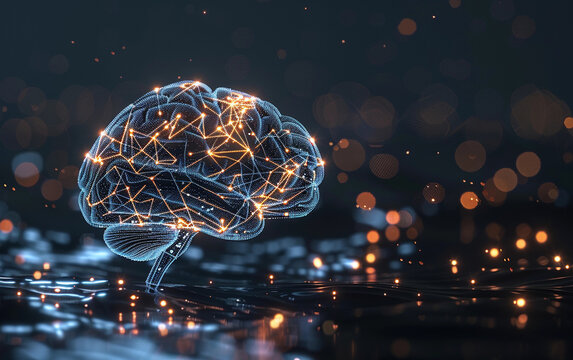 A brain made of wires and lights is floating on a dark surface. The brain is surrounded by a blurry background of lights, giving the impression of a futuristic, otherworldly environment