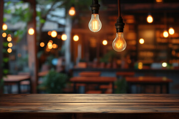 Wood table top on a blurred cafe counter with light bulb background, ideal for organic product display., Generative AI