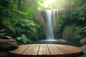 Wooden table top podium in an outdoor waterfall surrounded by a lush green tropical forest, ideal for organic product display., Generative AI