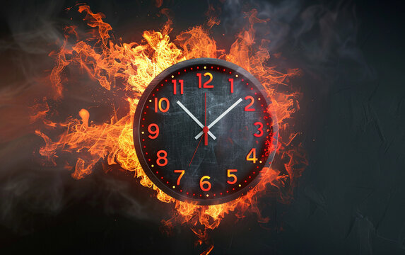 A clock with red numbers and a black face is surrounded by flames. The clock is set at 10:30