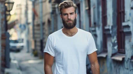 Fototapeta premium Hipster handsome male model with beard wearing white blank t-shirt with space for your logo or design in casual urban style