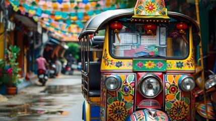 A brightly decorated tuk-tuk sits in a vibrant, narrow street, showcasing the colorful culture of Southeast Asia.