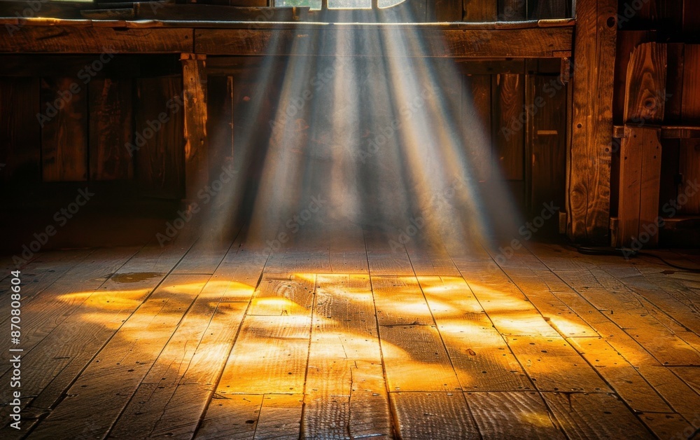 Poster a wooden floor with sunlight shining on it. the light is coming from a window and is casting a shado