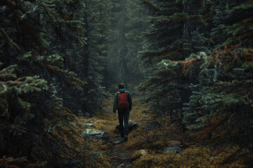 Obraz premium Hiking Through a Misty Forest.