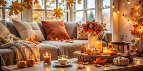 Warm and inviting living room decorated with autumn leaves, pumpkins, and candles, creating a perfect fall ambiance.