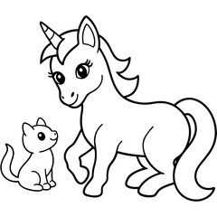 A black and white drawing featuring a unicorn and a cat