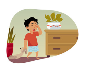 A vector scene with a sleepy boy in pajamas who hugs a toy rabbit