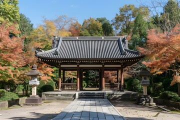 Fototapeta premium Traditional Japanese Pavilion with Autumn Foliage