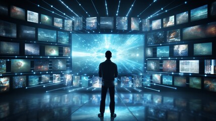 Obraz premium Diverse digital display mesmerizing multimedia video wall with cosmic and abstract images