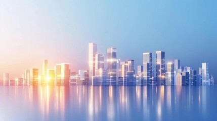 Fototapeta premium Modern city skyline with reflective water at sunset, featuring high-rise buildings and vibrant colors in a serene urban landscape.