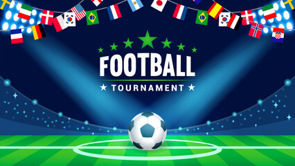 Football tournament background vector illustration. Soccer stadium with flags garland of different countries © Farosofa