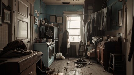 A messy room with a washer and dryer, showing a cluttered space with laundry appliances