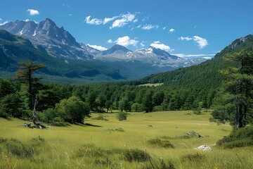mountain valley landscape with meadow and forest