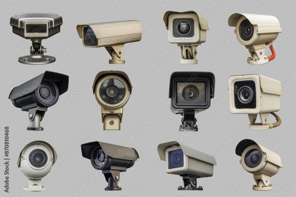 Poster a collection of cameras placed on a neutral gray surface, suitable for use in tech-related contexts 