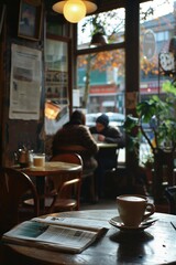Cozy cafe with a warm ambiance, featuring a cup of coffee and a newspaper on a wooden table, with people conversing in the background.