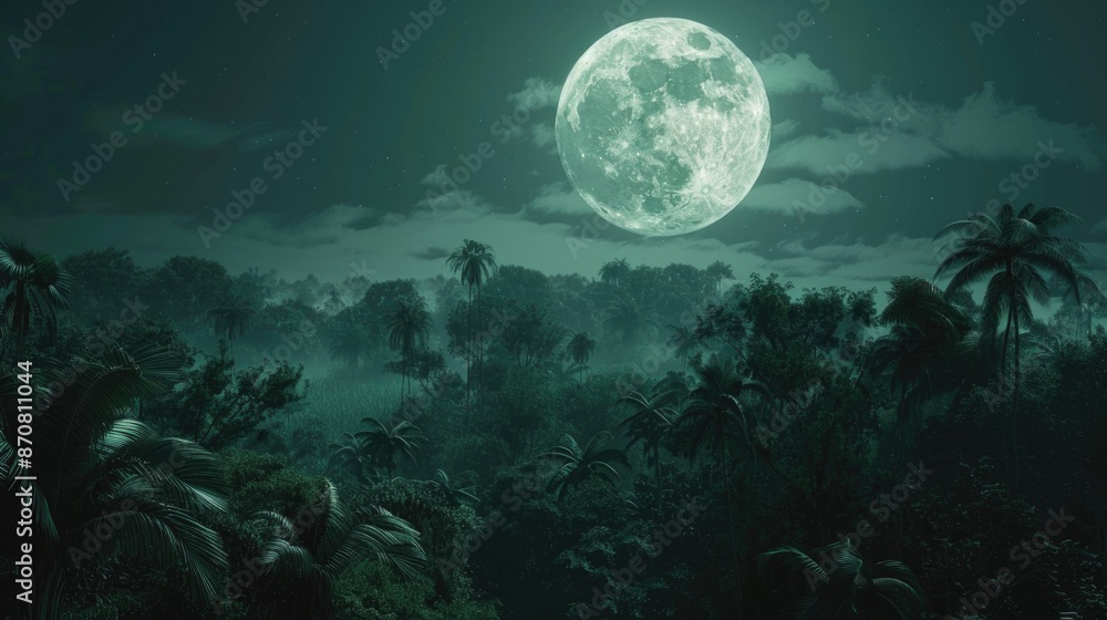 Wall mural a tropical forest scene at night with the full moon shining brightly in the sky