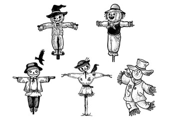 Scarecrow set line art sketch engraving PNG illustration. T-shirt apparel print design. Scratch board imitation. Black and white hand drawn image.