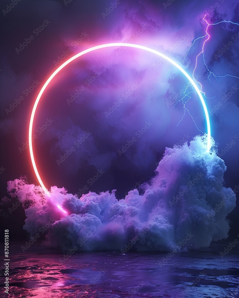 Poster looping 3d animation. the glowing neon ring and illuminated thundercloud spin and spin endlessly. ab