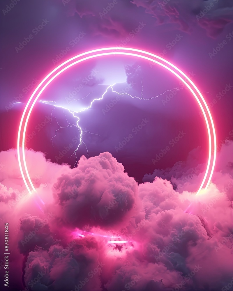 Poster looping 3d animation. the glowing neon ring and illuminated thundercloud spin and spin endlessly. ab