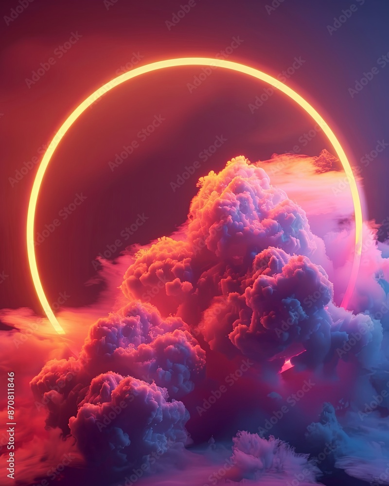 Poster looping 3d animation. the glowing neon ring and illuminated thundercloud spin and spin endlessly. ab