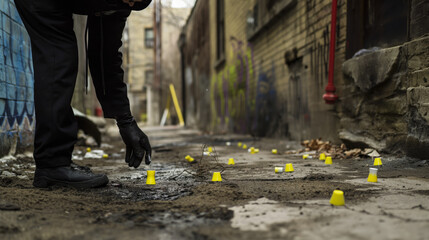 Crime scene technician photographing evidence markers at an urban alleyway murder site.