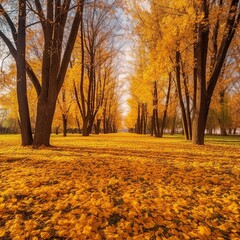 Fototapeta premium Beautiful bright colorful autumn landscape with a carpet of yellow leaves. Natural park with autumn trees on a bright sunny day. , generated by AI. High quality photo