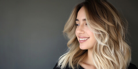 Fototapeta premium A woman with long blonde hair is smiling and looking at the camera. She has a black shirt on and her hair is styled in a way that it looks like it has been dyed