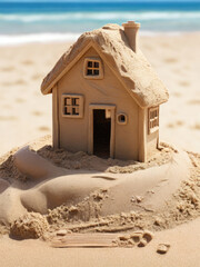 Naklejka premium Sand house sculpture on the summer beach.