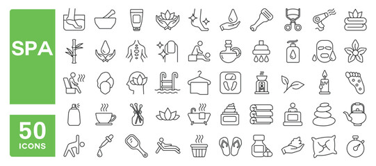 Set of 50 line icons related to spa, wellness, beauty, massage, skin care, Editable stroke. Vector illustration