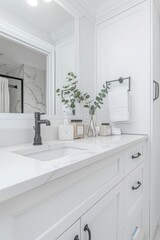 Fototapeta premium White bathroom with sink and mirror. White bathroom, minimalist.