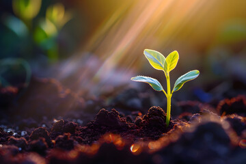 Planta brotando con un rayo de luz solar. Generado con inteligencia artificial.