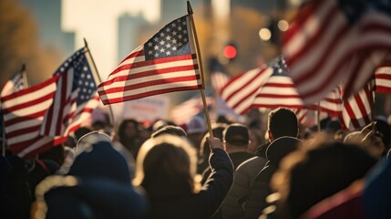 Crowds at political rallies in the United States holding signs and holding US flags. The concept of electing the president