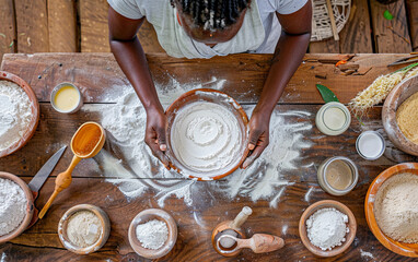 A woman is making a cake and has a bowl of flour on the table. There are several bowls of flour and other ingredients on the table