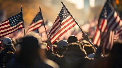 Crowds at political rallies in the United States holding signs and holding US flags. The concept of electing the president
