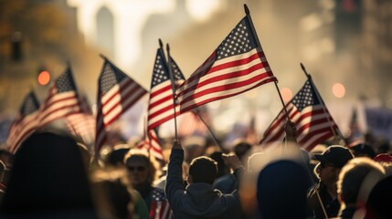 Crowds at political rallies in the United States holding signs and holding US flags. The concept of electing the president