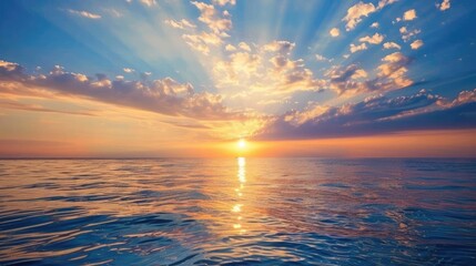 Obraz premium Stunning sunrise over the ocean with dramatic clouds and golden light.