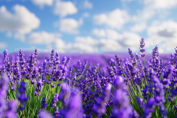Lavender field with summer blue cloudy sky