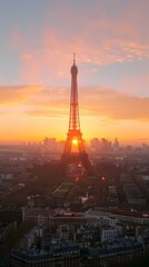 Obraz premium Eiffel Tower at sunset with sun behind it