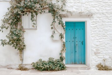White stone house with turquoise blue wooden door, ivy climbing on the wall, rustic Mediterranean style architecture, white walls gleaming in sunlight. 